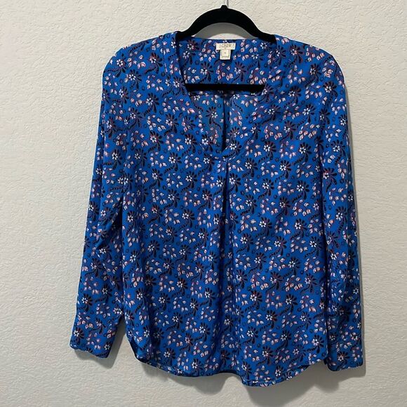 J. Crew Factory Tops - J. CREW FACTORY Blue Red & Black Floral Print Long Sleeve V-Neck Blouse, Size S
